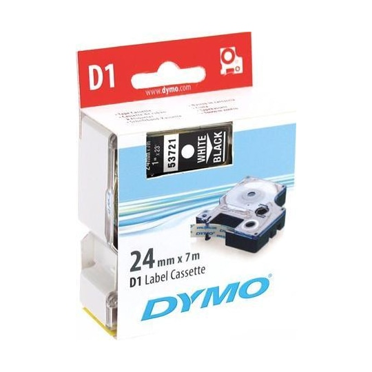 DYMO D1 merkkausteippi 24 mm, musta teippi/valk teksti, 7 m