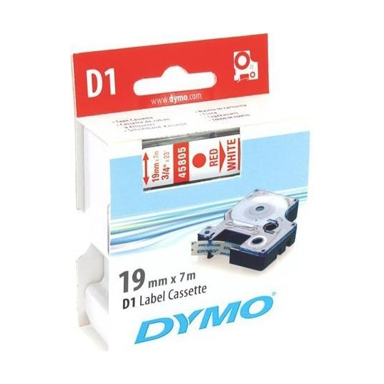 DYMO D1 merkkausteippi, 19mm, valkoinen/punainen teksti, 7m - 40805