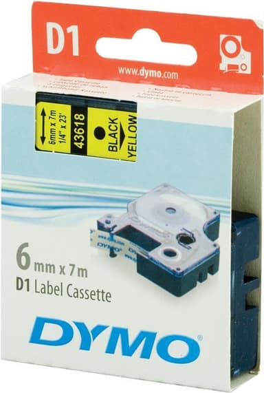 DYMO D1 merkkausteippi, 6mm, keltainen/musta teksti, 7m