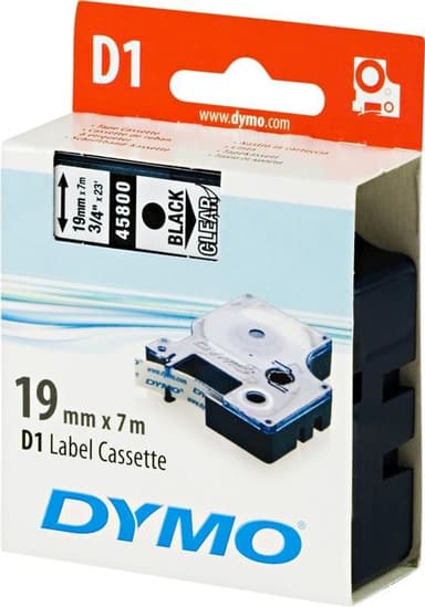 DYMO D1 merkkausteippi, 19mm, läpinäkyvä/musta teksti, 7m - 45800