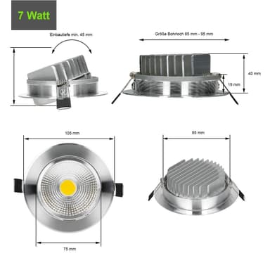 ECD Germany 2-pack LED uppovalaisin COB 7W 230 - hopea - alumiini - Ø 105 mm -