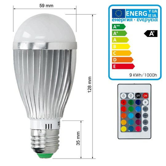 4 x LED-lamppu RGB E27 9W + kaukosäädin