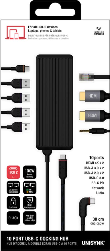 Unisynk 10-porttinen USB-C hubi (musta)