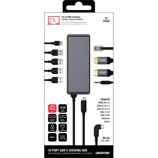 Unisynk 10-porttinen USB-C hubi (harmaa)