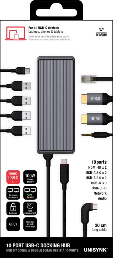 Unisynk 10-porttinen USB-C hubi (harmaa)