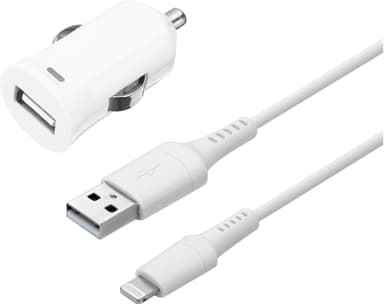 Sandstrøm USB-A autolaturi Lightning kaapelilla 1m (valkoinen)