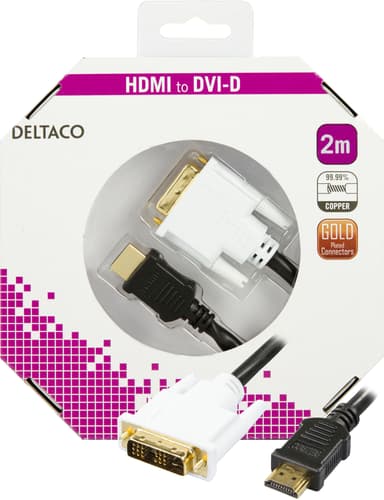 DELTACO HDMI - DVI-kaapeli, Full HD 60Hz, 2m, musta / valkoinen