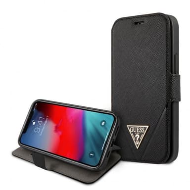 Guess iPhone 12 Mini Kotelo Gold Triangle Saffiano Musta