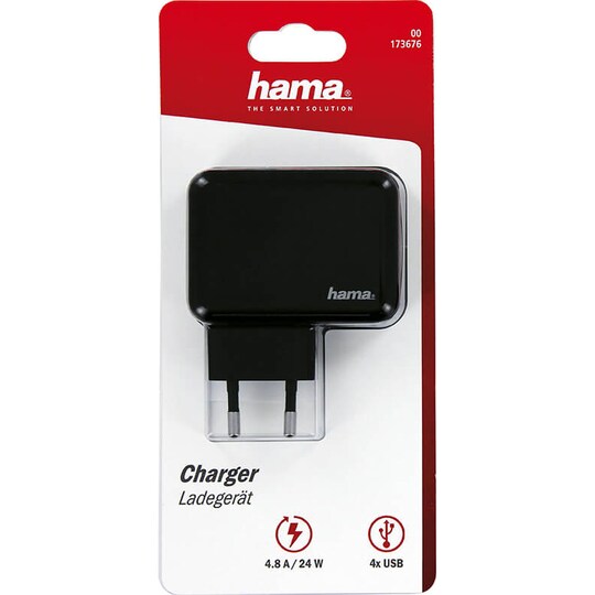 HAMA Charger 220V 4xUSB 4,8A virta-adapteri (musta)