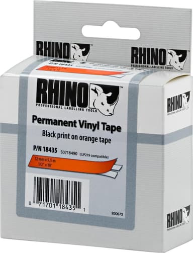 DYMO RhinoPRO -merkin nauhapermivinyylilevy 12 mm, musta oranssilla, 5,5 m rulla