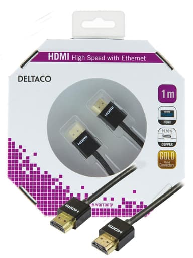 DELTACO ohut HDMI-kaapeli, High Speed HDMI, Ethernet, 1m, musta