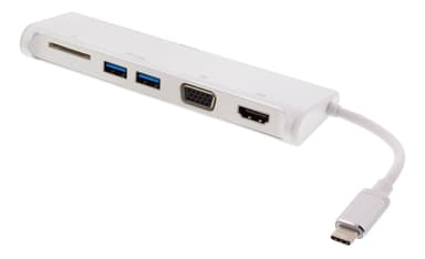 DELTACO USB-C -keskus, 1x HDMI 4K 30Hz, 1x VGA, valkoinen