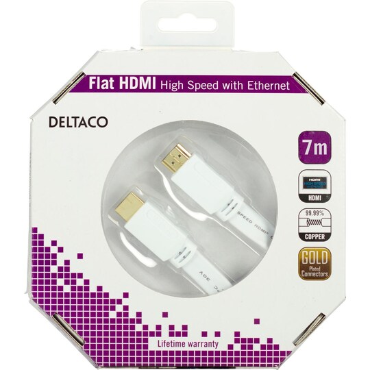DELTACO HDMI-kaapeli, v1.4 + Ethernet, 19-nastainen ha-ha, 1080p, litteä, valkoinen, 7m