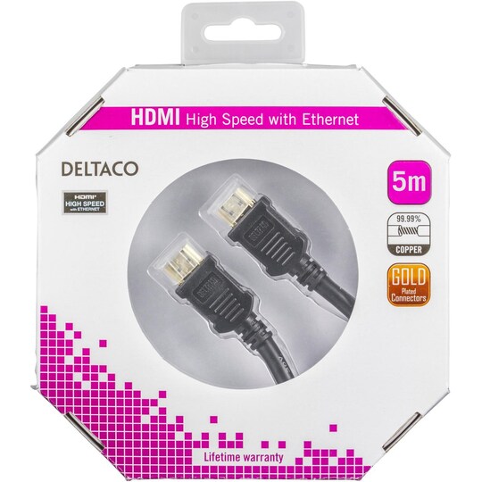 DELTACO HDMI-kaapeli, High Speed HDMI, Ethernet, 4K, 5m, musta