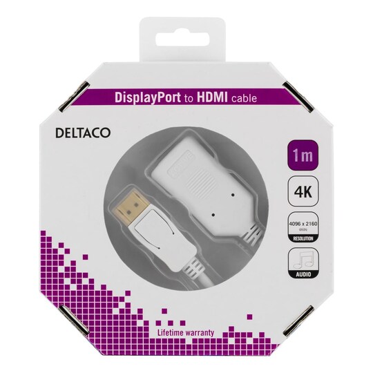 DELTACO DisplayPort - HDMI 2.0b -kaapeli, 1 m, valkoinen, 4K 60 Hz: ssä,
