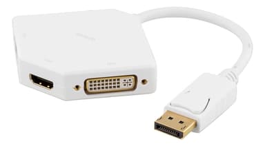 DELTACO DisplayPort - DVI-D / HDMI / VGA -sovitin, 0,2 m, valkoinen