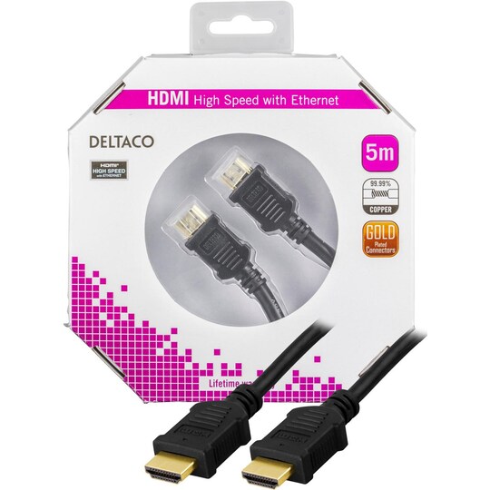 DELTACO HDMI-kaapeli, High Speed HDMI, Ethernet, 4K, 5m, musta
