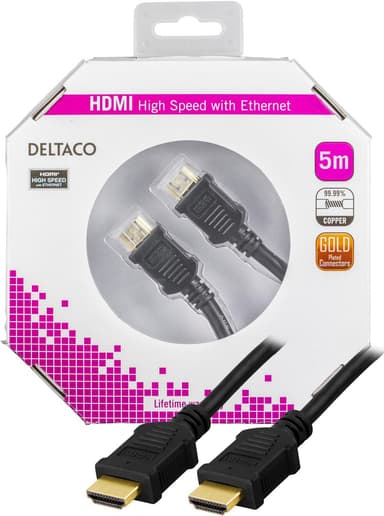 DELTACO HDMI-kaapeli, High Speed HDMI, Ethernet, 4K, 5m, musta