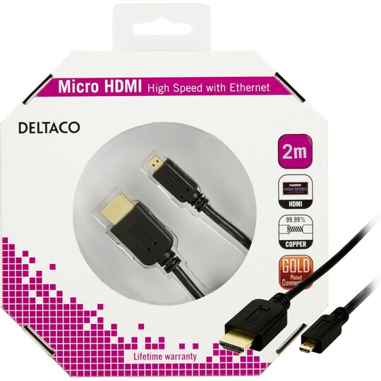 DELTACO HDMI A - Mikrokaapeli, High Speed HDMI, Ethernet, 2m, musta