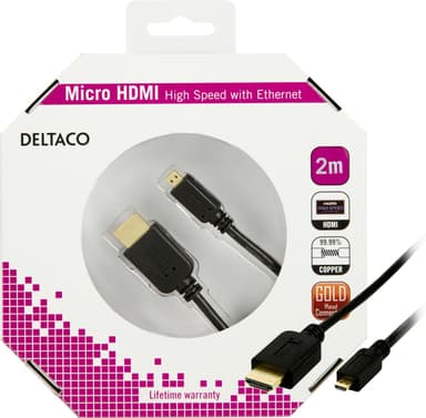 DELTACO HDMI A - Mikrokaapeli, High Speed HDMI, Ethernet, 2m, musta