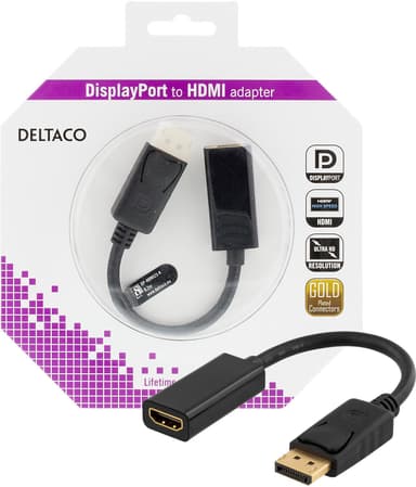 DELTACO DisplayPort - HDMI -sovitin äänellä, 4K, 0,2 m, musta