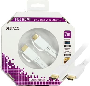 DELTACO HDMI-kaapeli, v1.4 + Ethernet, 19-nastainen ha-ha, 1080p, litteä, valkoinen, 7m