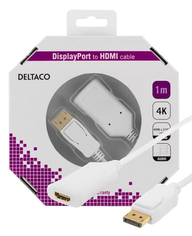 DELTACO DisplayPort - HDMI 2.0b -kaapeli, 1 m, valkoinen, 4K 60 Hz: ssä,