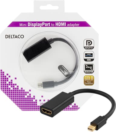 DELTACO mini DisplayPort - HDMI -sovitin, 4K, 0,2 m, musta