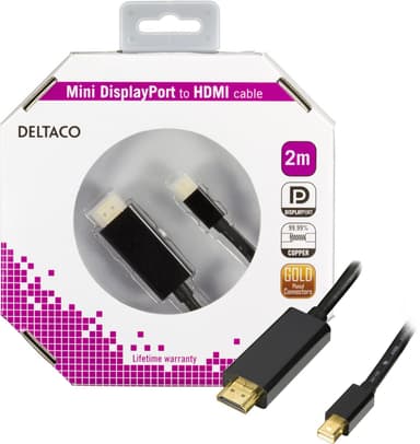 DELTACO mini DisplayPort - HDMI -kaapeli äänellä, Full HD 60Hz, 2m,