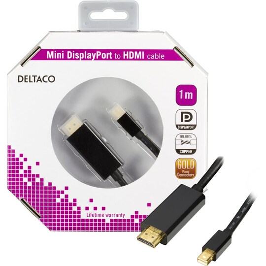 DELTACO mini DisplayPort - HDMI -kaapeli äänellä, Full HD 60Hz, 1m,
