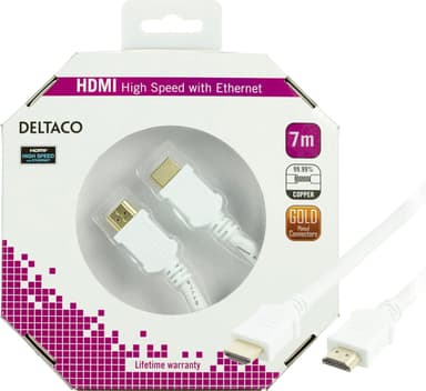 DELTACO HDMI-kaapeli, High Speed HDMI, Ethernet, 4K, 7m, valkoinen