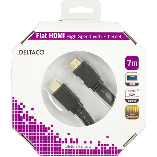 DELTACO-litteä HDMI-kaapeli, High Speed HDMI, Ethernet, 4K, 7m, musta