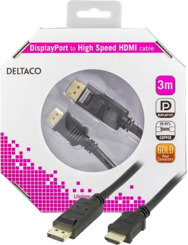 DELTACO DisplayPort - HDMI -näyttökaapeli, 20-napainen ha - ha 3m, musta