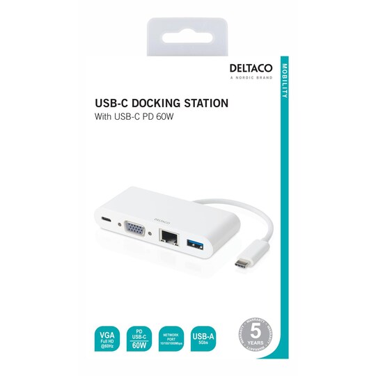 DELTACO USB-C -telakointiasema, VGA / USB-C / RJ45 / USB-A, 60 W USB-C PD, vi