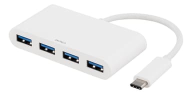 DELTACO USB 3.1 Gen 1 -keskitin, USB-C-uros - 4xUSB Type A-naaras, valkoinen