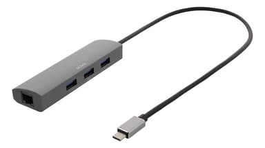 DELTACO USB-C-keskitin ja verkkosovitin, USB-C ha, RJ45 ho, 3xUSB-A 3.0