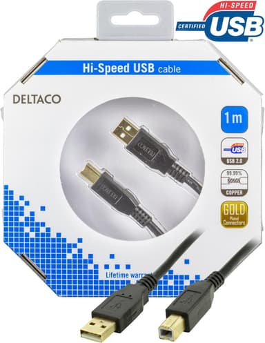 DELTACO USB 2.0 -kaapeli, tyypin A uros - tyypin B uros, 1 m, musta
