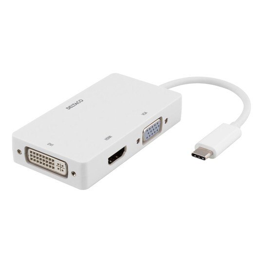 DELTACO USB-C - HDMI / DVI / VGA-sovitin, 4K, DP Alt -tila, valkoinen