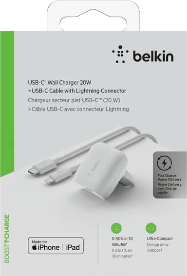 Belkin 20 W seinälaturi + USB-C - Lightning kaapeli (valkoinen)