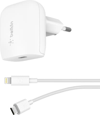 Belkin 20 W seinälaturi + USB-C - Lightning kaapeli (valkoinen)