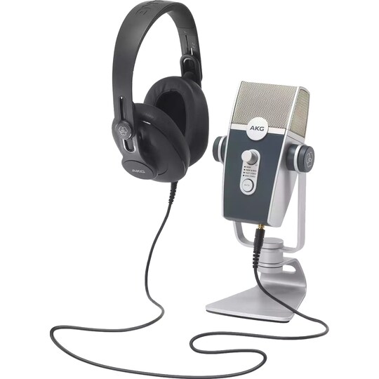 AKG Podcaster Essentials pakkaus mikrofonilla ja kuulokkeilla