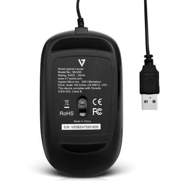 V7 MU200-1E, Molempikätinen, Optinen, USB A-tyyppi, 1600 DPI, Musta