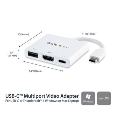 StarTech.com CDP2HDUACPW, Langallinen, USB 3.2 Gen 1 (3.1 Gen 1) Type-C, 60 W, Valkoinen, 5 Gbit/s, 4096 x 2160 pikseliä