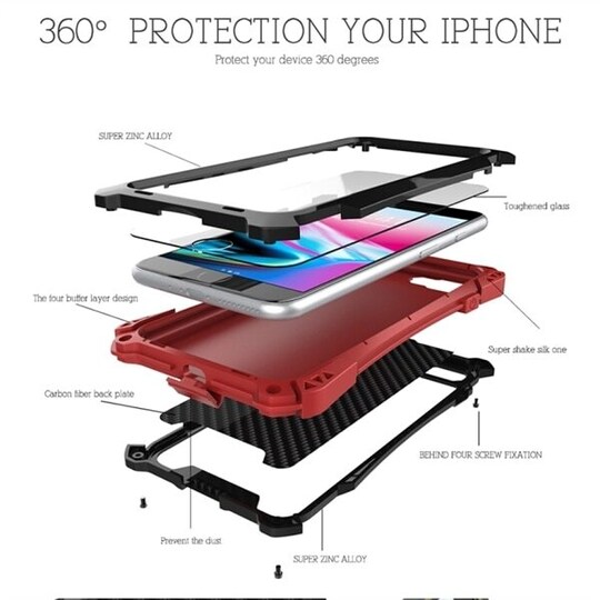 Metallisuoja iskuilta, pölyltä ja vedeltä iPhone 8 Plus Musta