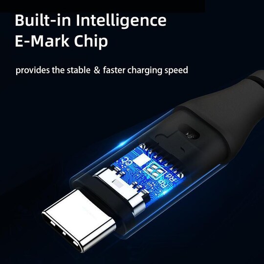 NÖRDIC USB C–USB C -kaapeli, 1 m, 5 A, 100 W, USB2.0 E-Markilla, musta pikalatauskaapeli