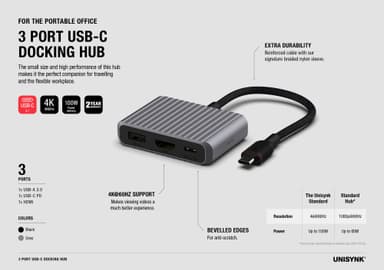 Unisynk 3 Port USB-C hubi (harmaa)