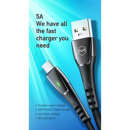 Mcdodo USB A–C pikalaturikaapeli, 5 A, 1,5 m, Huawei flash-laturi 10 V 4 A, Oppo Xiaomi -tuki, Qualcomm QC4.0