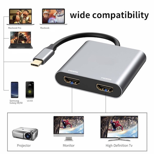 NÖRDIC USBC–2x HDMI -sovitin, 4K 60 Hz, kaksois-HDMI-näyttö, MST, kaksois-HDMI USB type C -sovitin