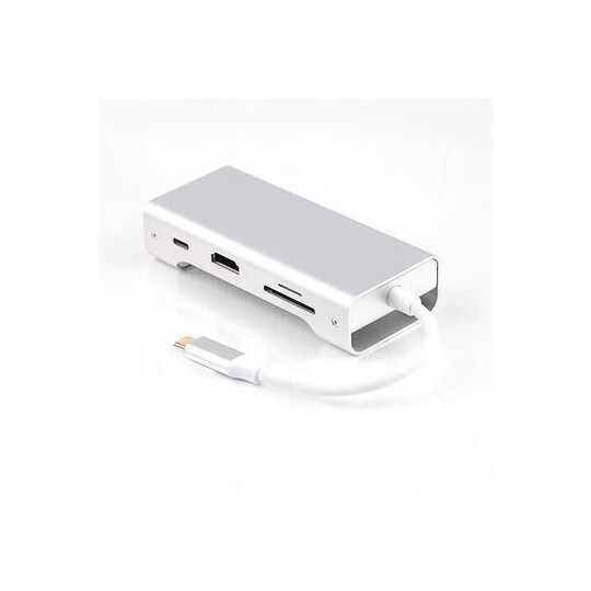 NÖRDIC 1–7 USB C, alumiinia, telakointiasema 1x HDMI 4K 30 Hz, 1x RJ45 Giga Ethernet, 2x USB 3.1 5 Gb/s, 1xUSB C, PD 87 W, 1xSD/TF kortinlukija, hopea