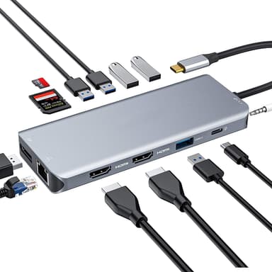NÖRDIC 1–13 USB C -telakointiasema, kolme näyttöä, 4K 60 Hz, RJ45 Giga Ethernet, PD 87 W 5x USB A, kortinlukija ja ääni